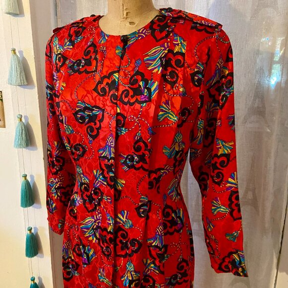 vtg 80s ADRIANNA PAPELL Red Tassel Print Silk Cocktail Dress Mod Wife Baroque 6 - Picture 5 of 10